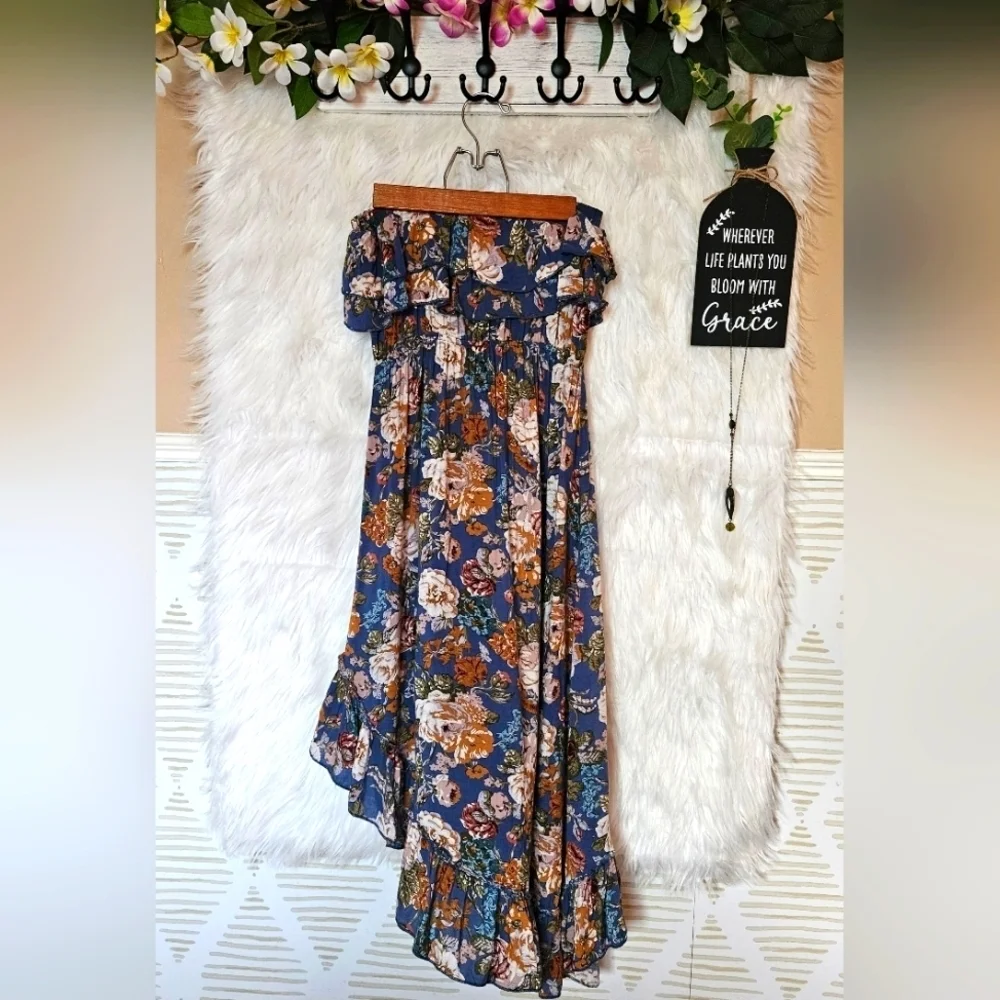 Seductions Floral Strapless Asymmetrical Ruffle Summer Dress - Picture 2 of 5